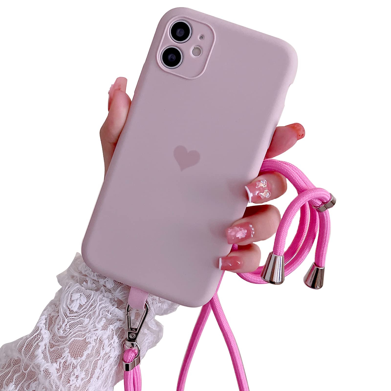 YIKUSO Compatible with iPhone 11 Case Cover 6.1 Inch Crossbody Phone Case - Adjustable Lanyard Strap Liquid Silicone Gel Rubber Phone Case, Full Body Slim Soft Microfiber Lining (Pink)
