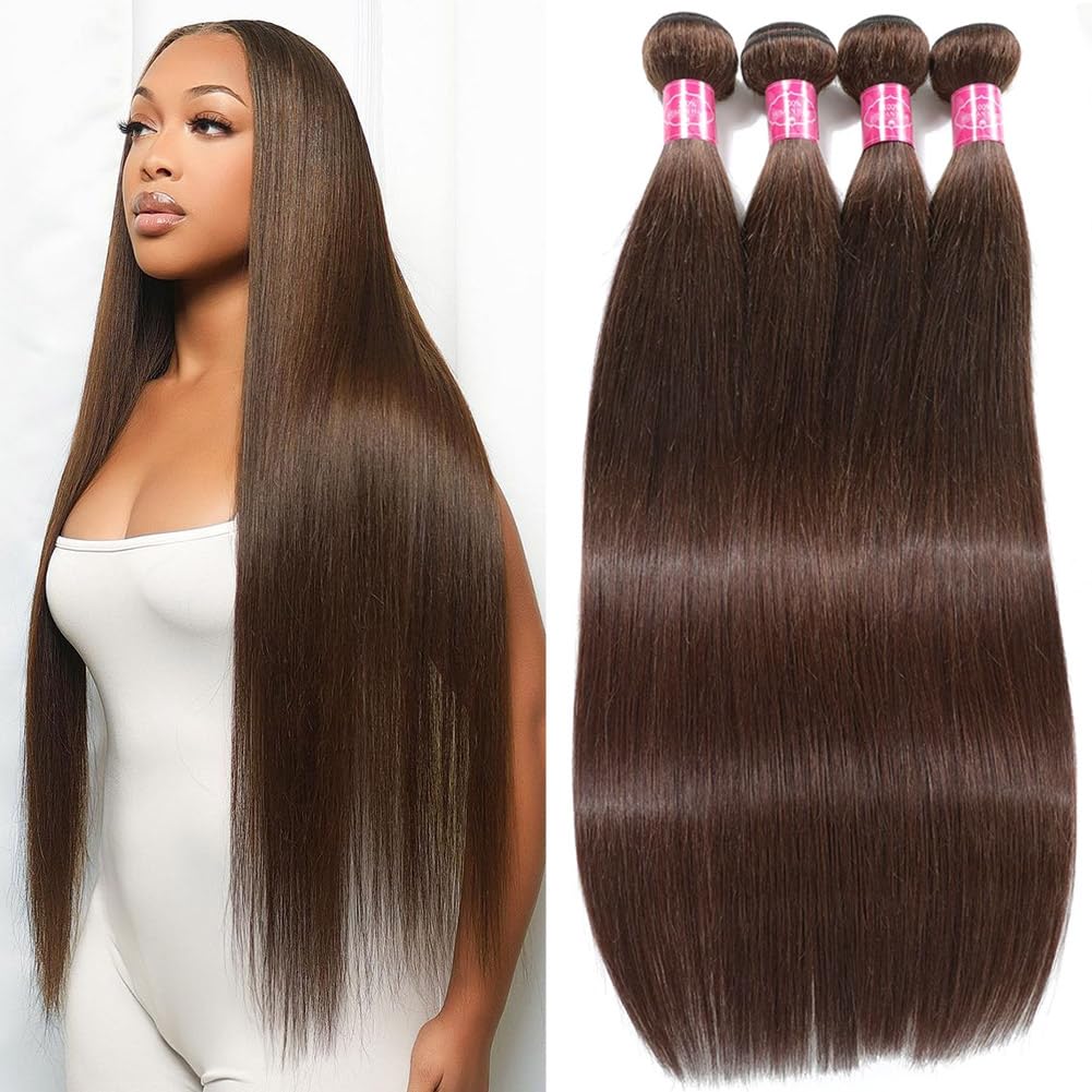 YISEA Straight Human Hair Bundles Brown #4 Color Straight Hair 4 Bundles (18 20 22 24 Inches)12A 100% Unprocessed Brazilian Virgin Chocolate Brown