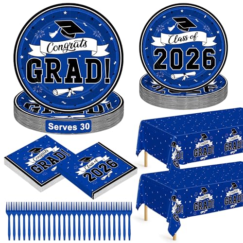 122 Pcs 2026 Graduation Decorations Serves 30, Graduation Party Plates and Napkins Set, Disposable Class of 2026 Grad Decorations, Blue Congrats Grad Paper Dinnerware Table Decor for Party