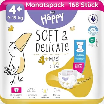 bella baby Happy Premium Windeln Gr e 4+ Maxi Plus 9-15 kg 168 St ck DERMATEST & OEKO TEX Siegel Babywindeln Einweg