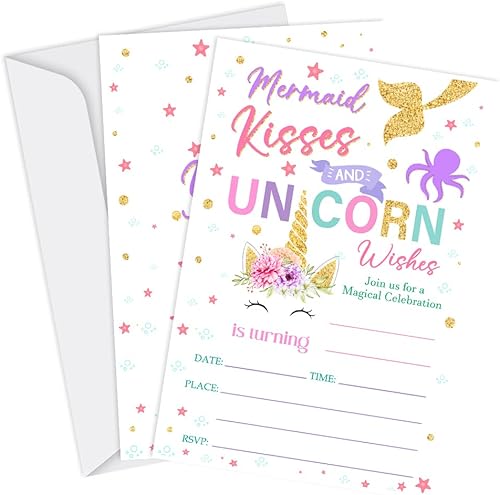 Tuyashua Besos de sirena y deseos de unicornio invitación de cumpleaños, invitación de sirena de unicornio para niñas, suministros de fiesta de disponible en Yaxa El Salvador