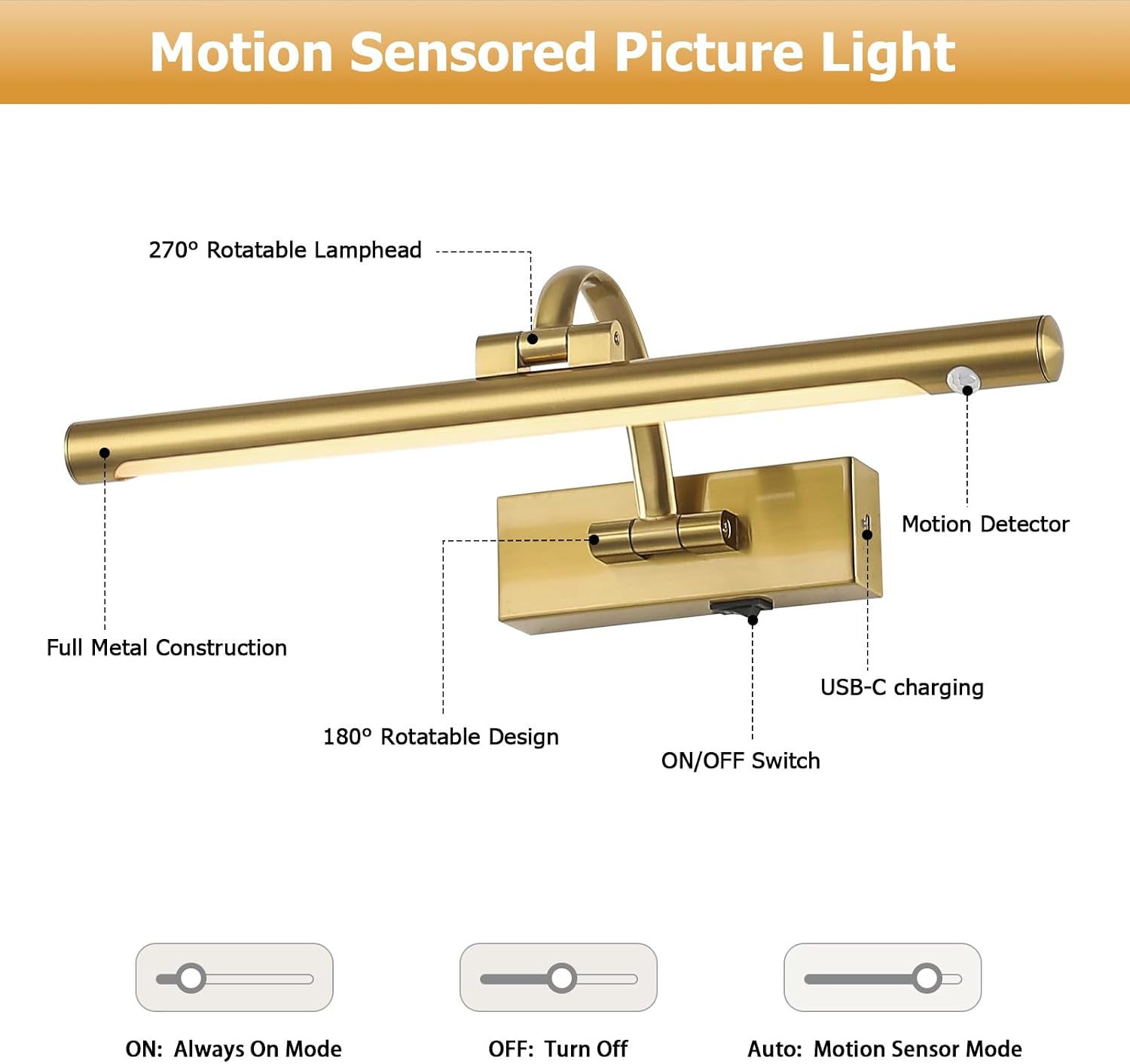 DESOOP Brass Picture Lights for Wall Battery Operated, Wireless Motion Sensor LED Art Lights Auto-Off Gallery Lights for Paintings 16 Inch 3W Warm White