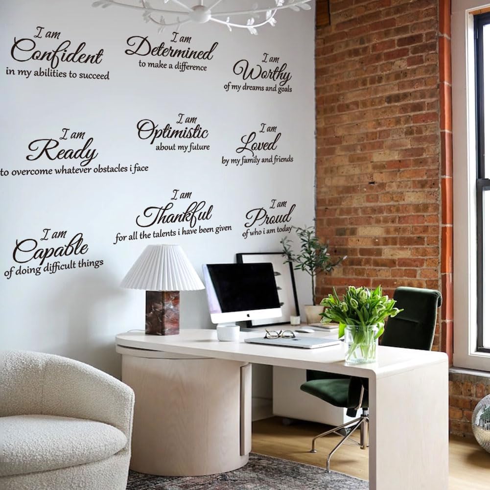 9 Pcs Inspirational Quotes Wall Stickers Decor Black Motivational Wall Decal Stickers Art Peel and Stick Vinyl Positive Wallpaper for Living Room Bedroom Office Nursery Restaurants Offices.