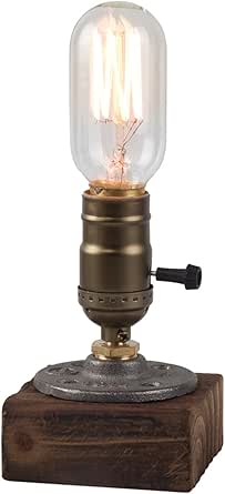OuXean Vintage Wooden Table Lamp, Dimmable Industrial Nightlight with E26 Holder (Bulb Not Included)