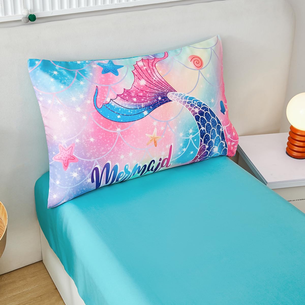 ZRNBAST 4 Pcs Rainbow Mermaid Toddler Bedding Sets for Girls, Pink Blue Gradient Toddler Comforter Set, Soft Mermaid Scale Kids Girls Bed in A Bag with Sheet