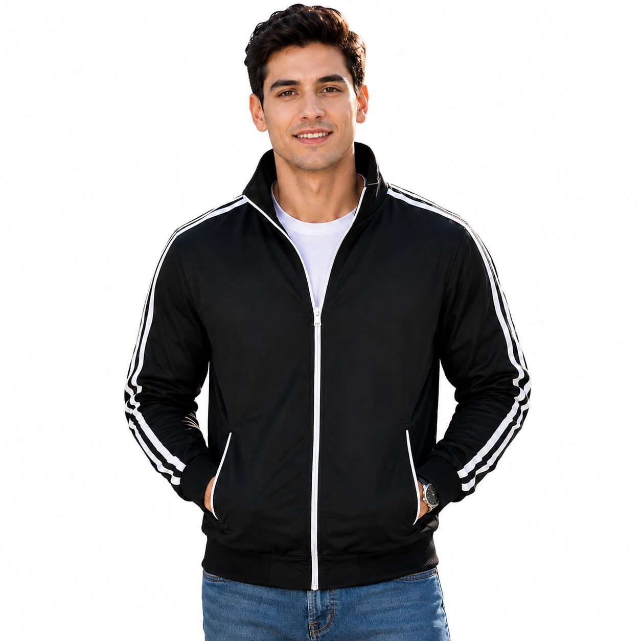 Men's Black Track Jacket with White Stripe Detail, Full Zip-picture-20