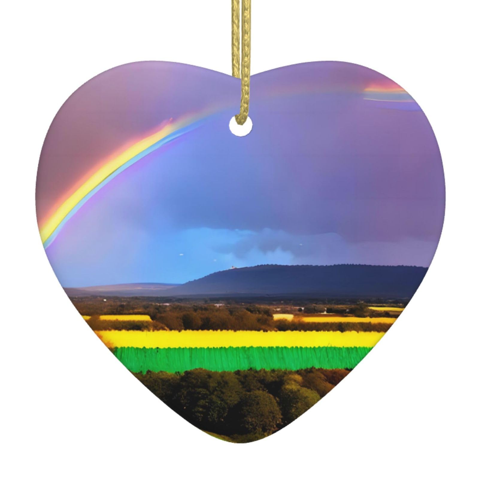 Evening Rainbow Ceramic Christmas Heart Pendant with Silk Thread, Christmas Tree Home Decoration