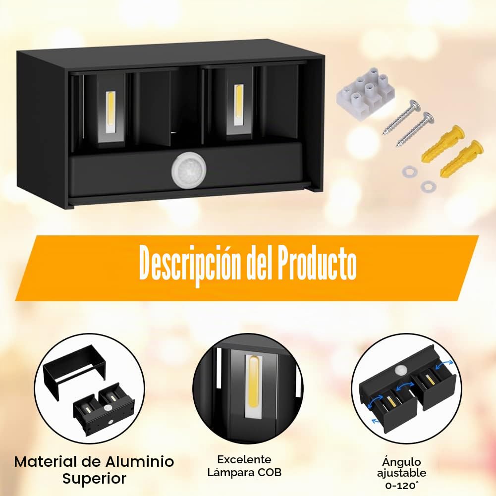 Klighten Aplique de pared con sensor de movimiento,24W Aplique pared exterior/interior con haz de luz ajustable, 3000K blanco cálido, Lámparas de pared Ip65 con sensor,Negro