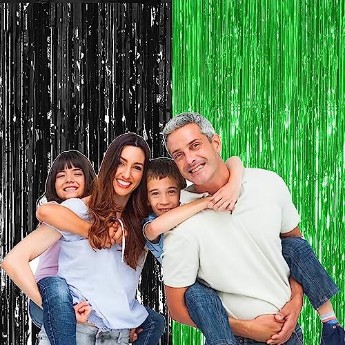 Image of TOYXE 6 Pieces Foil Fringe Tinsel Party Curtains for Photo Backdrop (BLACK-GREEN) | Fringe Curtains for Decoration | Foil Curtains for Birthday Decoration, Anniversary, Bachelorette, Wild One Jungle Theme