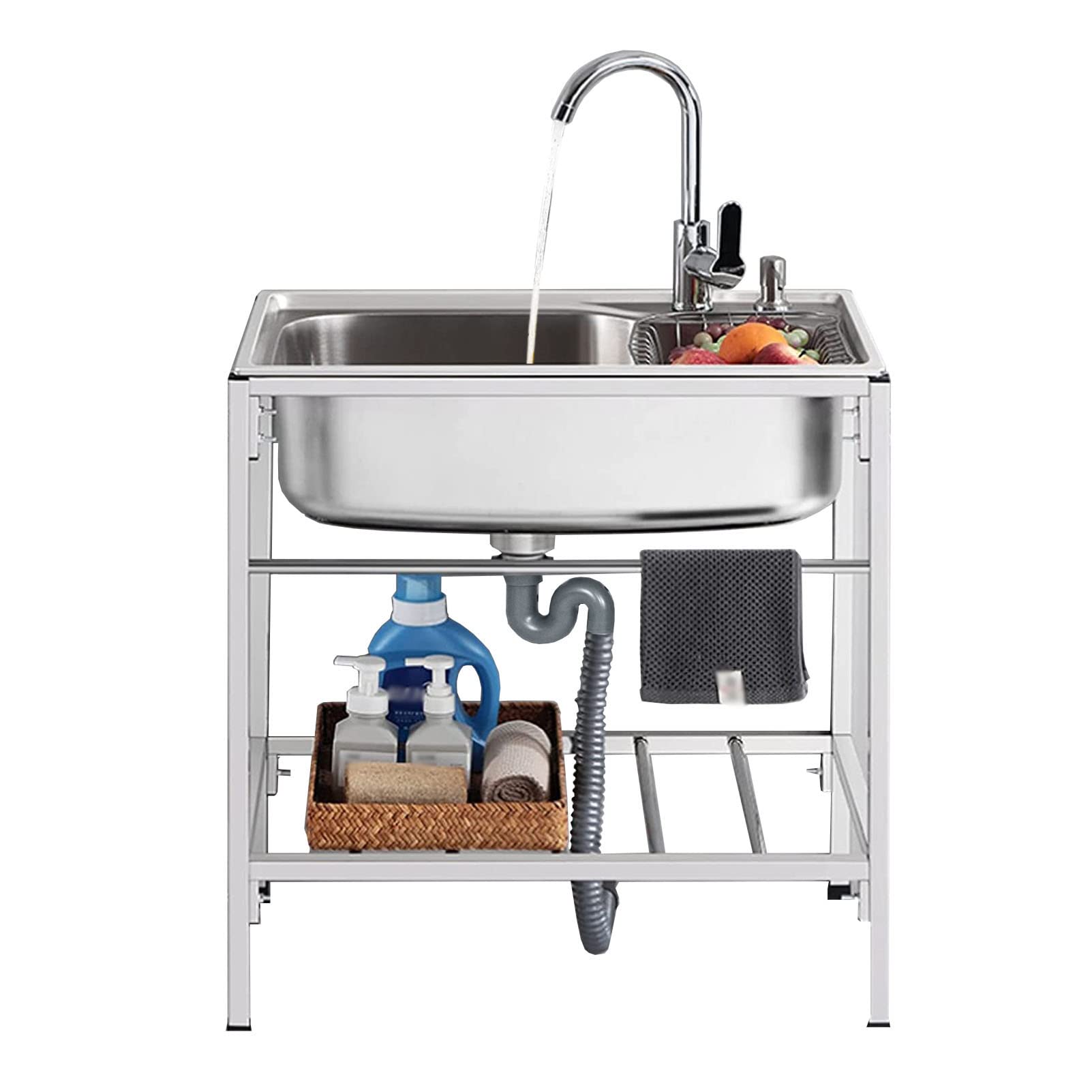 HYSOPSPX Outdoor Garden Sink Single Trough, Utility with Storage Shelve Laundry tub & Hot and Cold Tap Free Standing for Backyard Garage