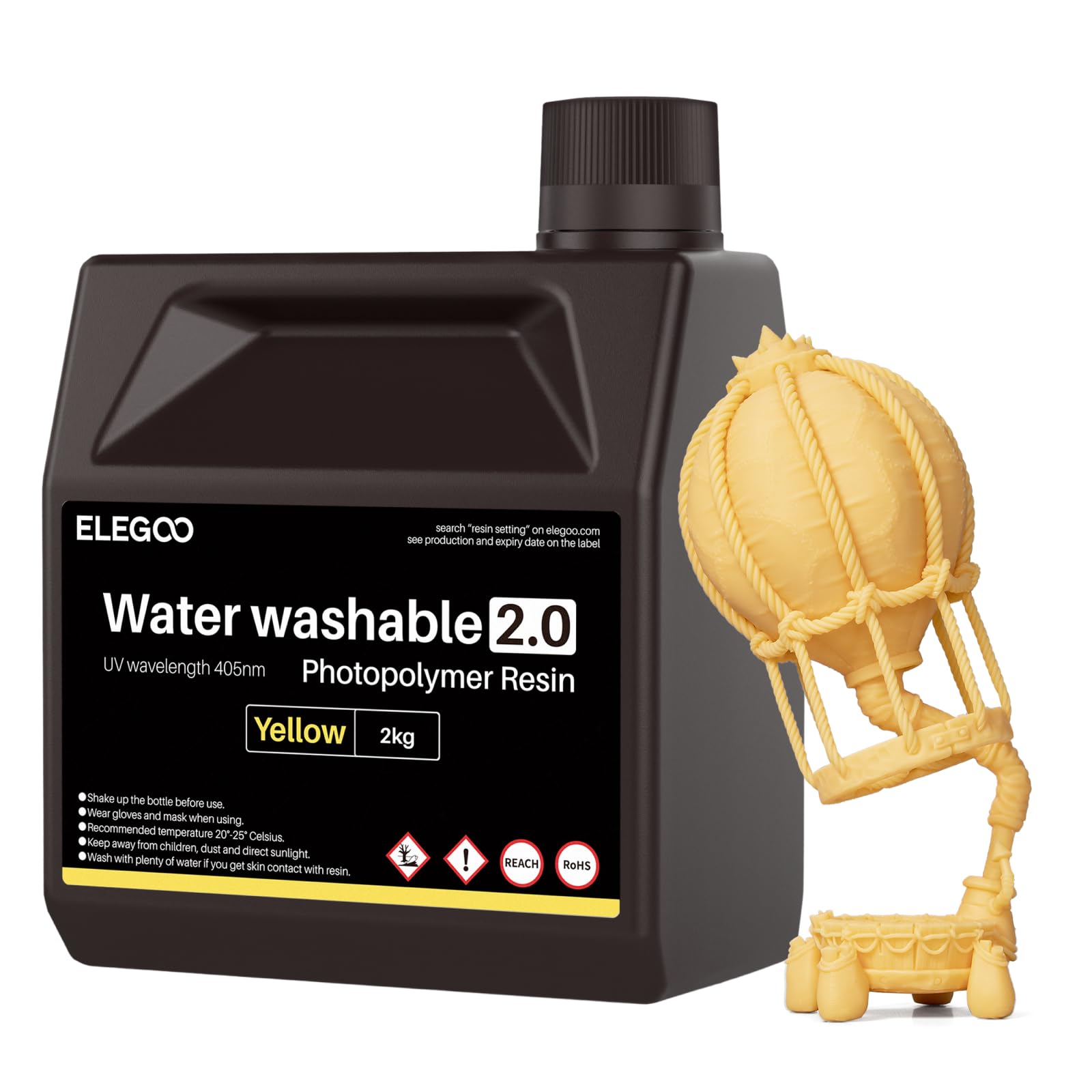 ELEGOO Résine Lavable à l'Eau 2.0, Jaune 2000g, Liquide d'Impression 3D à Durcissement Rapide à UV de 395-405 nm, Résine Imprimante 3D Water Washable pour imprimantes 3D LCD/SLA/DLP