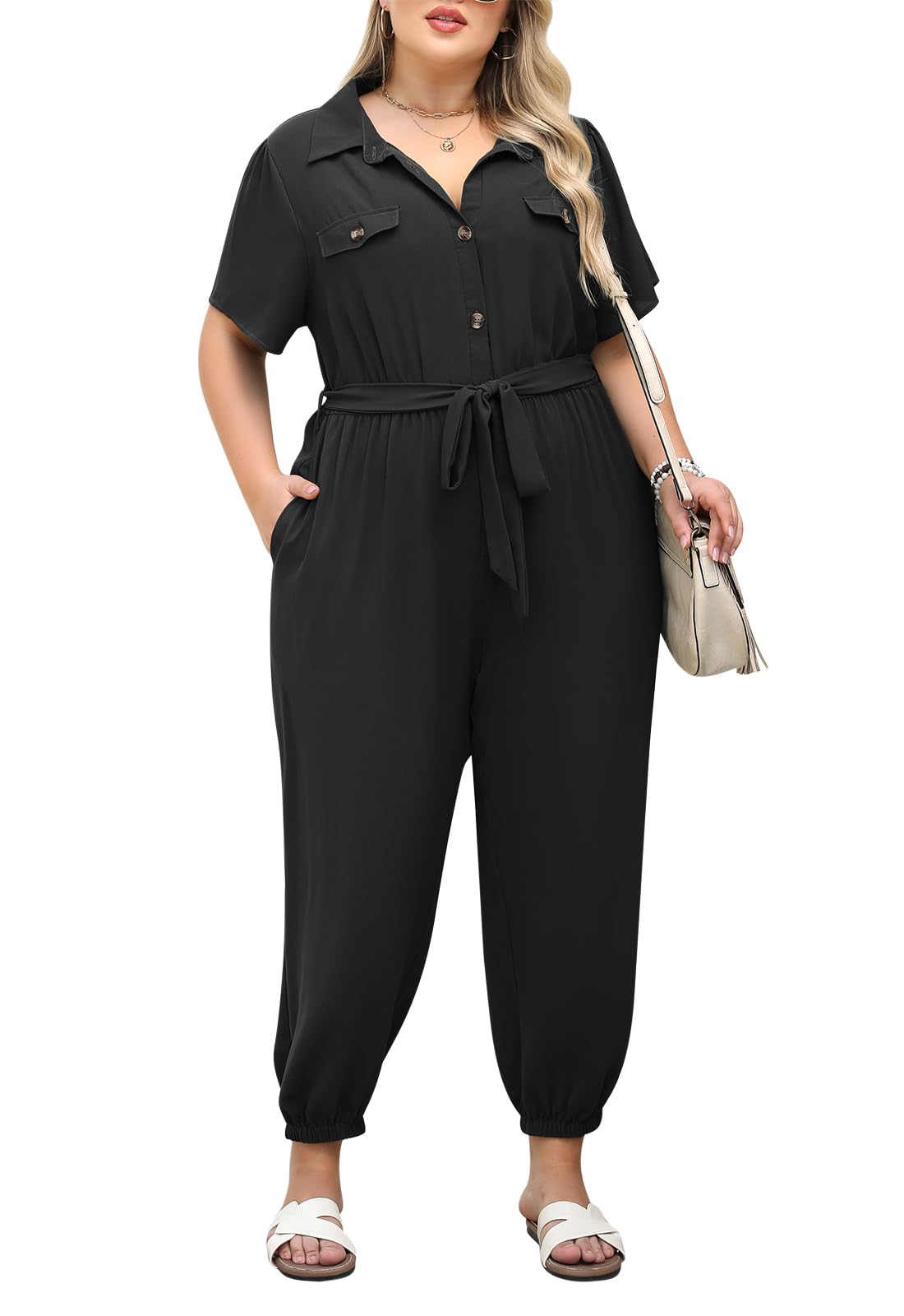Nemidor Womens Plus Size Summer Jumpsuit Casual Dressy One Piece Outfits Long Pants Romper with Belt and Pocket 16-26
