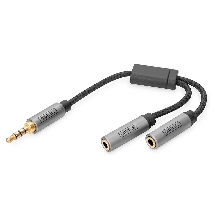 DIGITUS Adattatore per Cuffie Stereo - 2X Prese da 3,5 mm a Jack da 3,5 mm - Adattatore per Microfono, Cuffie - 0,2 m - Nero - per Smartphone, Computer, Laptop, Controller di Gioco