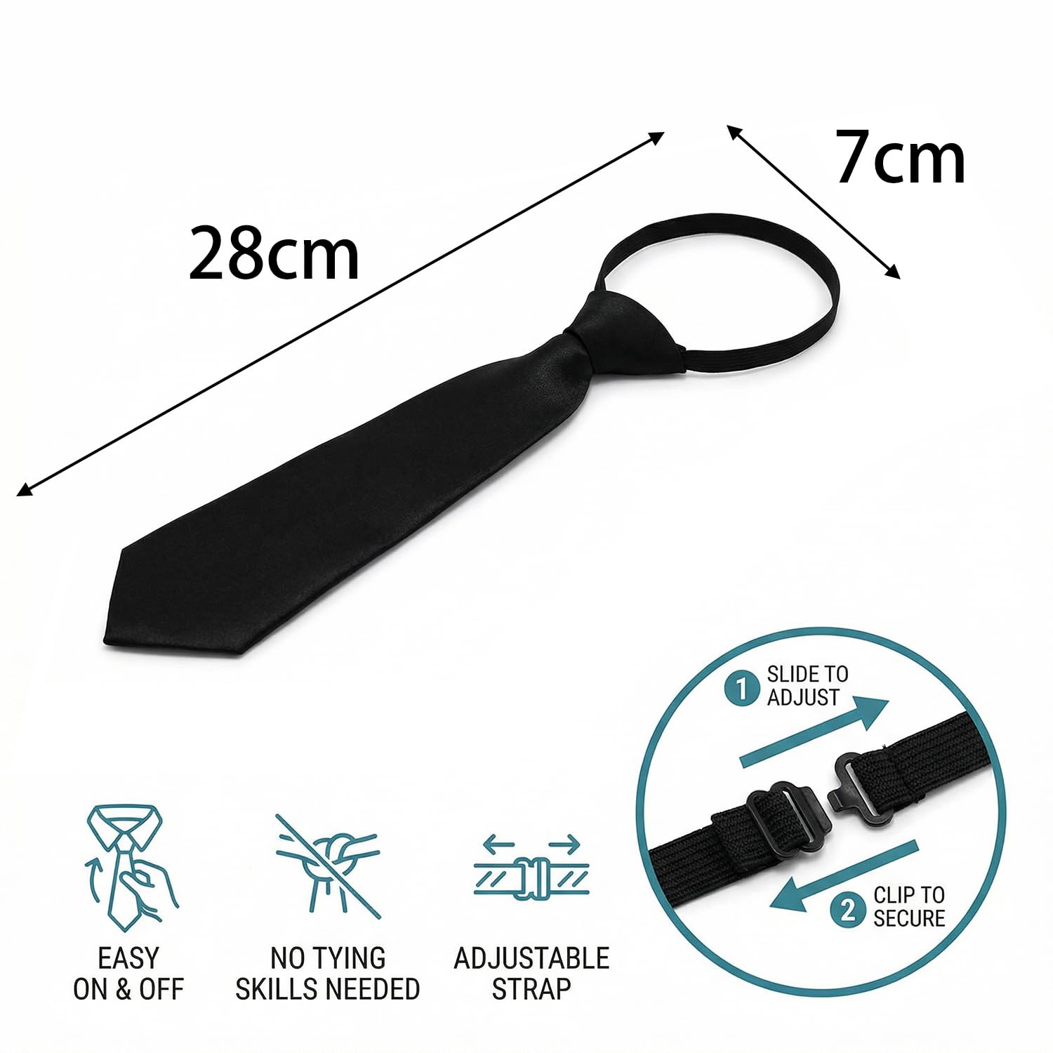 Corbata de satén negra preatada para niños, 28 cm, elástica, corbata formal para niños, para bodas, deberes de Page Boy, bailes escolares y celebraciones especiales