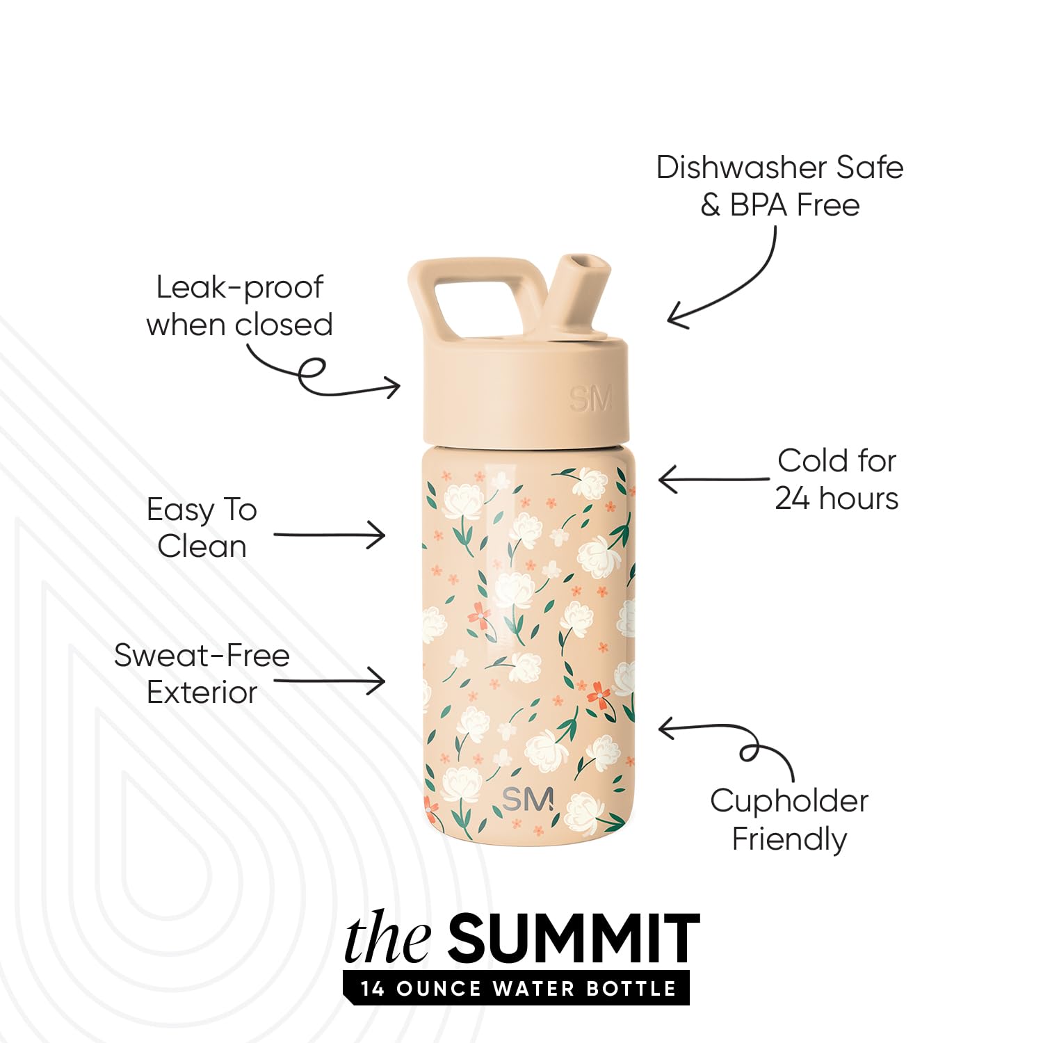 Simple Modern Gourde enfants avec paille | Gobelet isotherme réutilisable en acier inoxydable pour tout-petits, filles et garçons | Collection Summit | 415 ml | Motif floral Chloé