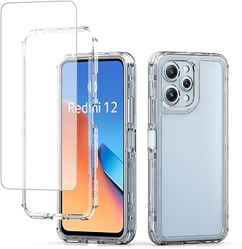 Case for Redmi 12, Redmi 12 5G, Poco M6 Pro 5G with Tempered Glass Screen Protector, Crystal Clear Heavy Duty Full Body 3 Layer Protective Phone Cover for Xiaomi Redmi 12 Clear