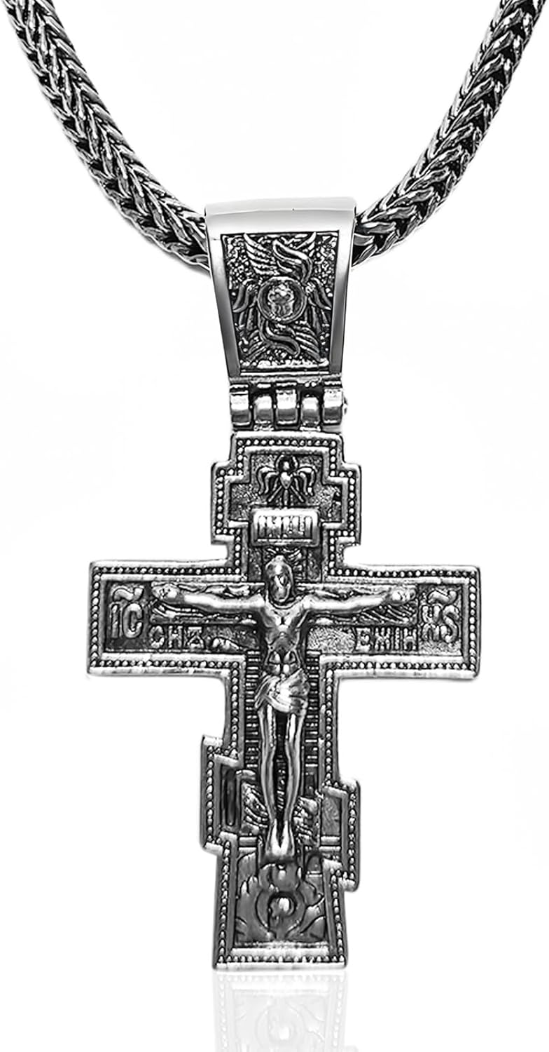 Orthodox Cross Necklace for Men and Women, Gothic Cross Pendant with Silver Chain, Christian Religious Jewelry, Unisex Cross Necklace