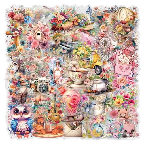 55Pcs Vintage Watercolor Floral Stickers PET Transparent Flowers Sticker Waterproof Decorative Decals for Journaling Decoupage Planners laptops Phone Case Gift & Card Making(Colourful-F1)