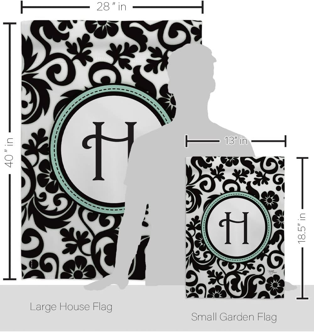 Breeze Decor Damask H Initial Garden House Flag - Kit Monogram Country Living Simply Beauty Floral Vintage Letter Everday Classic - Decoration Banner Small Yard Gift Double-Sided Made in USA 28 X 40