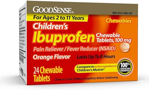GoodSense Tabletas masticables de ibuprofeno para niños, 100 mg, sabor a naranja, analgésico y reductor de fiebre, 24 unidades