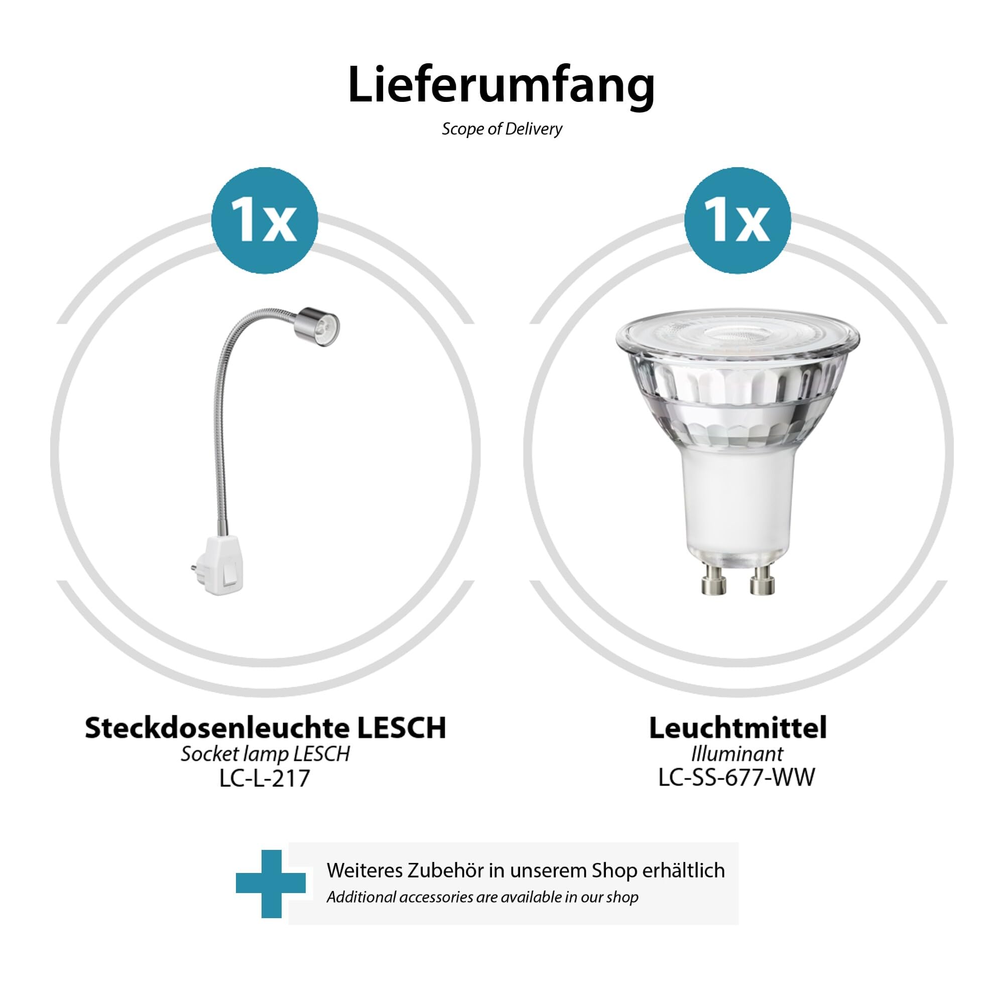 ledscom.de Steckdosenlampe LESCH Leselampe Schwanenhals, chrom/weiß, inkl. GU10 LED (warmweiß, 7,6W, 1103lm, 33°)
