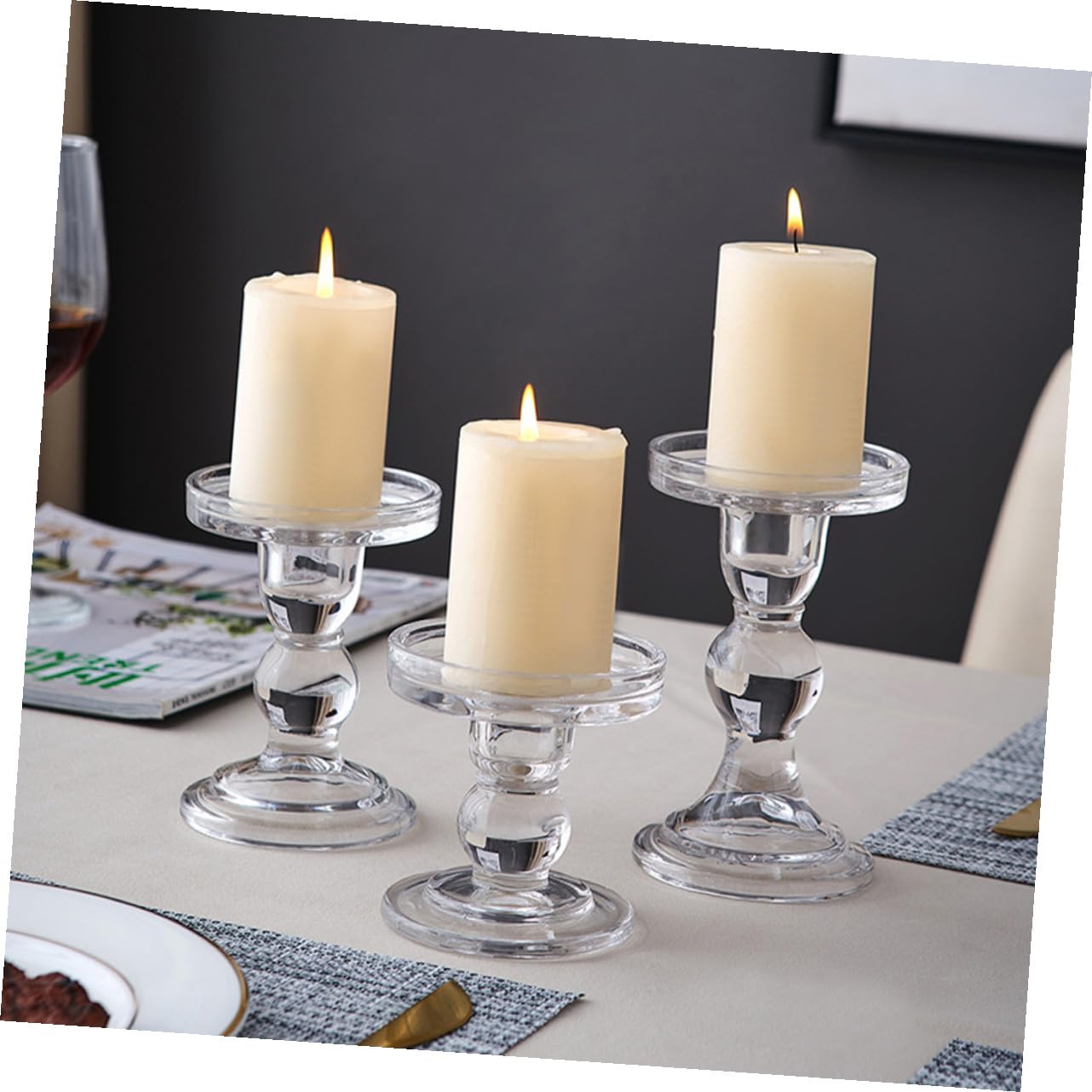 3 Stück 3 teiliges Glas Kerzenhalter Set für Stabkerzen und Teelichter transparente Vintage Säulen Kerzenständer sicherer und Leichter Glasleuchter für Hochzeit Party und