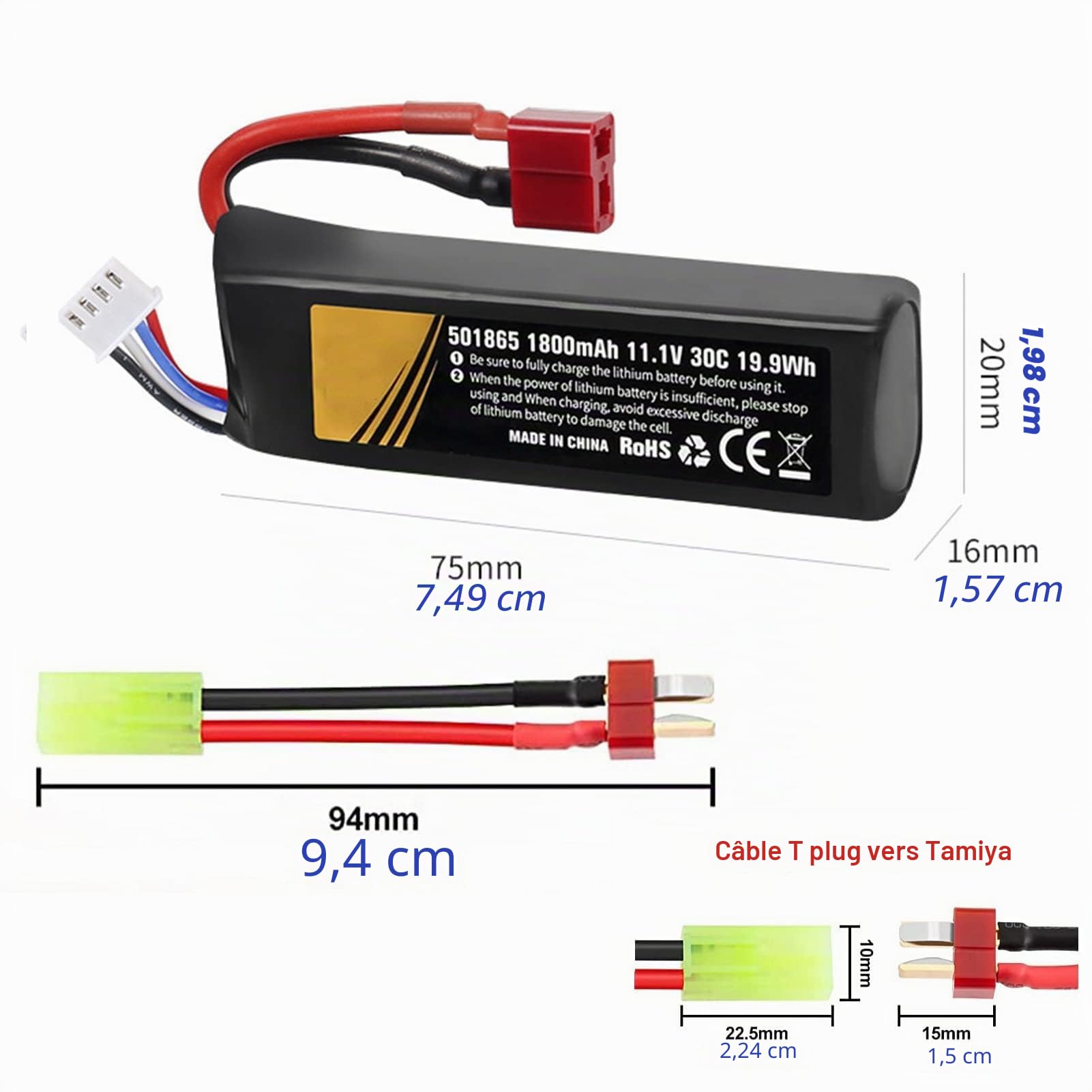 Batterie 1800mAh 30C 11.1v lipo Airsoft Connecteur en T avec Chargeur USB Prise T vers câble Mini Tamiya Compatible avec Airsoft Gel Piles Rechargeables pour Blaster à Perles d'eau Accessoires 2 Pcs