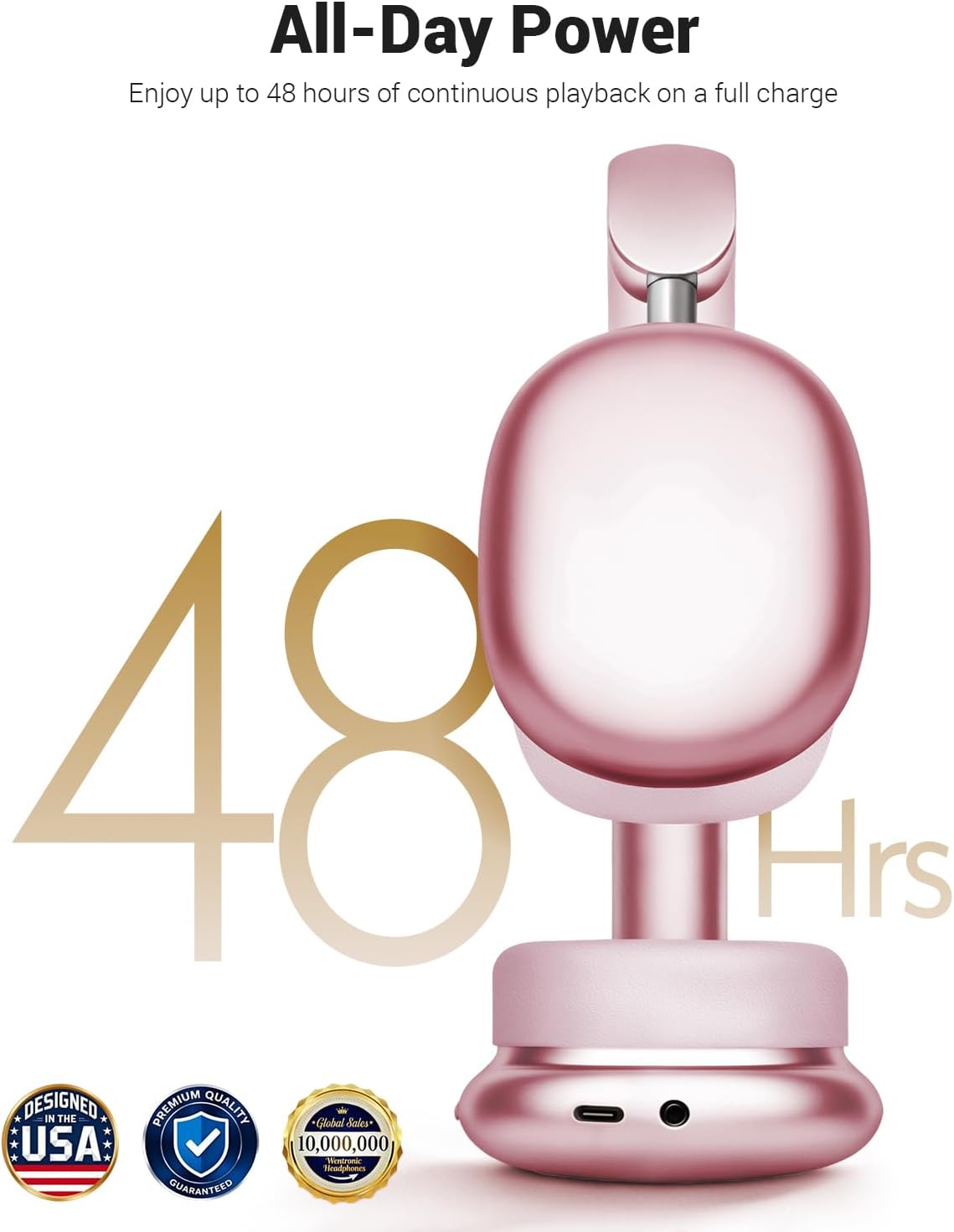 Wentronic Y01 Wireless Noise Canceling Headphones Bluetooth 5.3 Over Ear Headphones with Microphone, Hi-Res Audio, 48H Playtime, Foldable Comfortable Earpads,Compatible with iOS,Android,PC, Pink