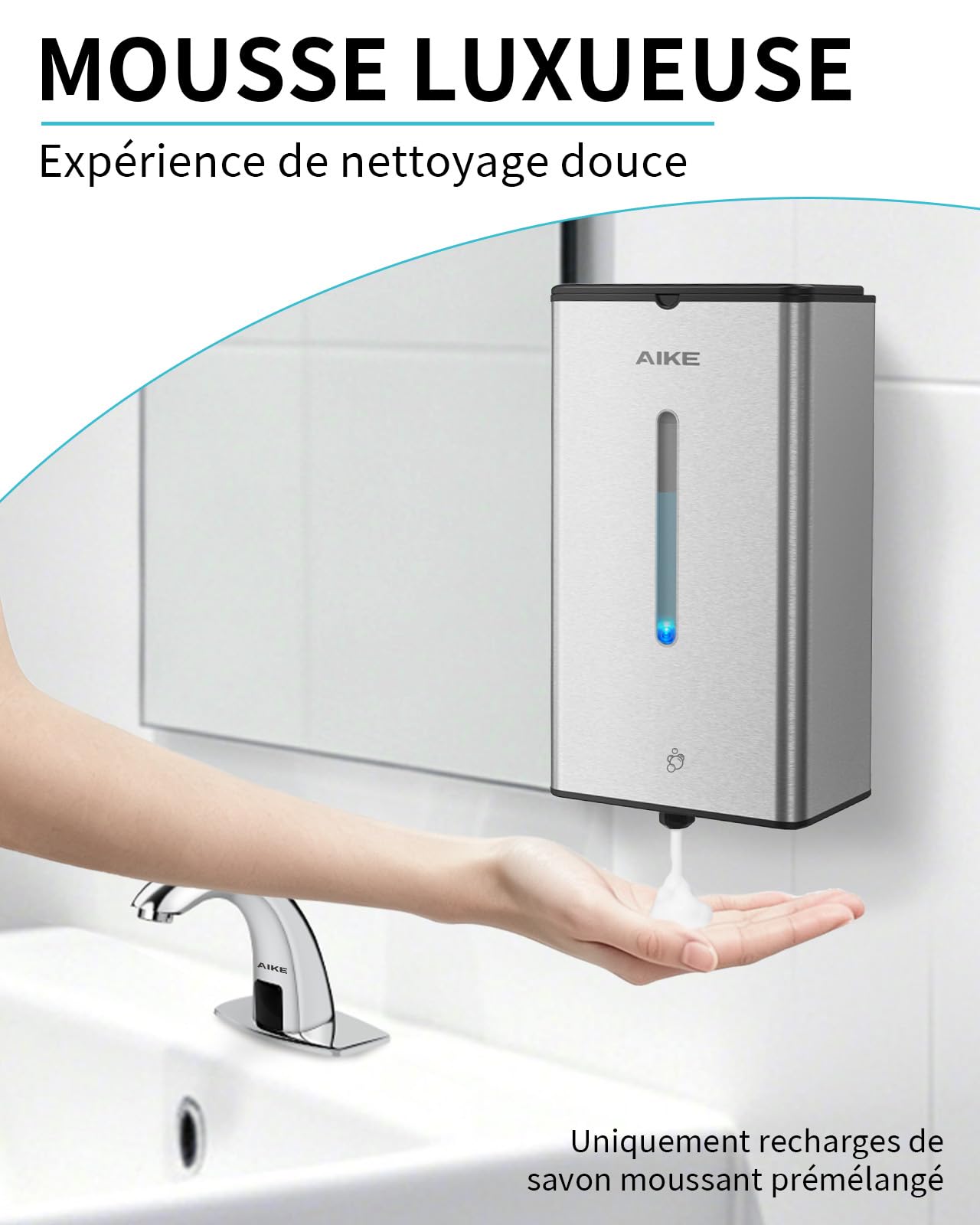 AIKE Distributeur De Savon Moussant Automatique, Murale pour Usage Commercial, 1000ML Acier Inoxydable pour Savon À Mains Moussant, AK1207FA