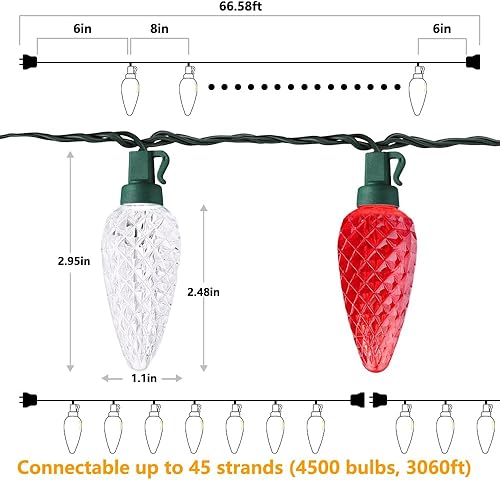 Miniatura 9 de Brizled 100 luces LED C9 rojas y blancas de Navidad, luces de Navidad facetadas de 66 pies, tira de luces de fresa conectables al aire libre, 120 V
