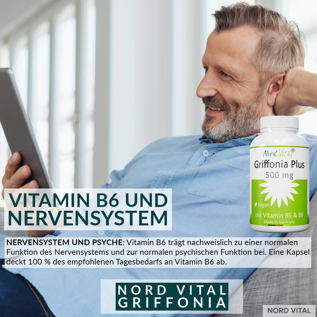Griffonia Plus für Nerven und Psyche - 500 mg Griffoniasamen mit natürlichem 5-HTP - Vitamine B5 und B6 - deutsche Produktion - Vegan