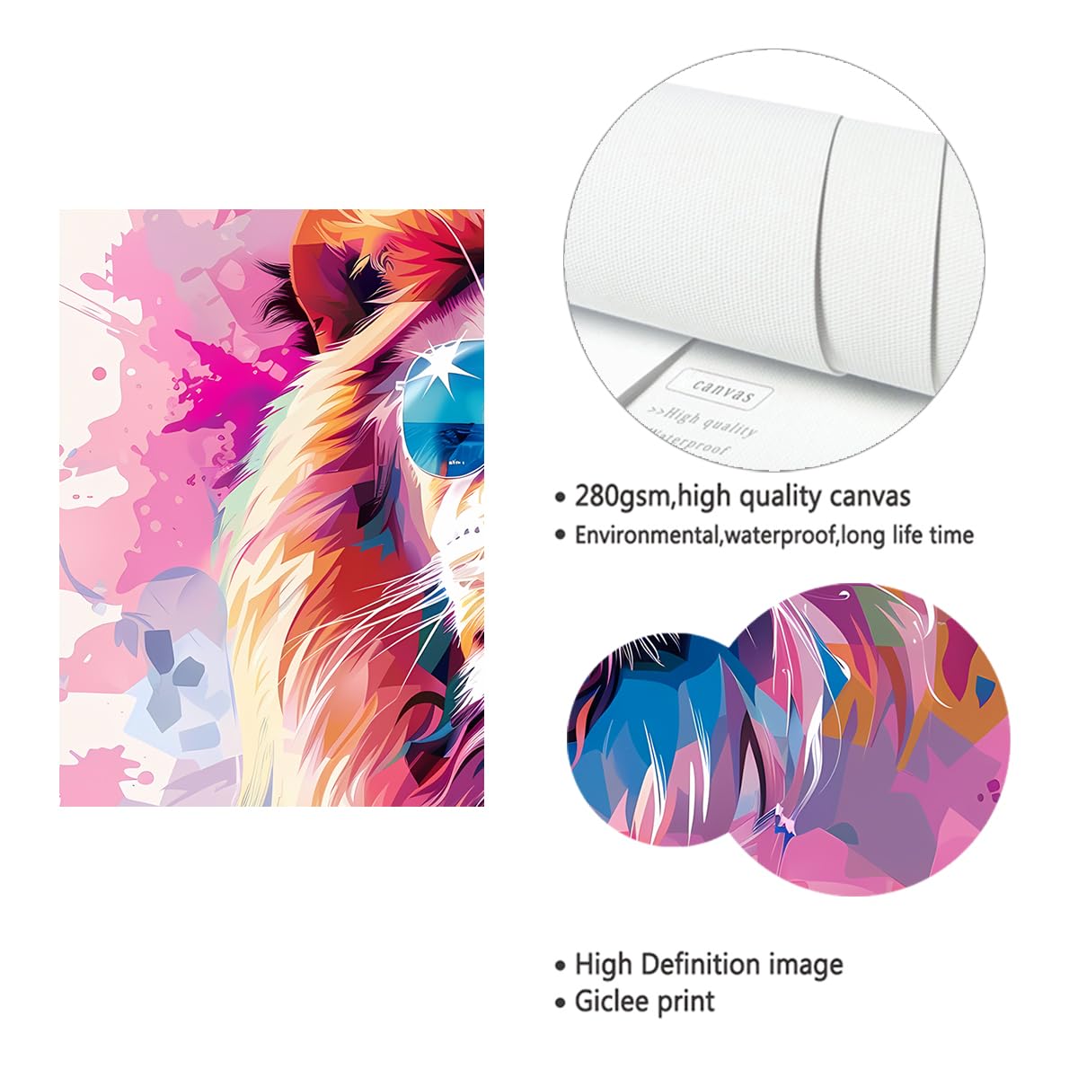 TOANGWALL Kolorowe okulary przeciwsłoneczne Lew Pop Art Canvas Wall Art Abstract Animal Prints Modern Mural Poster Painting for Living Room, Office, Home Decor 50 x 60 cm