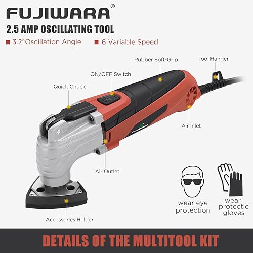 Miniatura 3 de FUJIWARA Kit de herramientas oscilantes, 2.5Amp 6 velocidades variables con cambio rápido de hoja de bloqueo, ángulo de herramienta de sierra