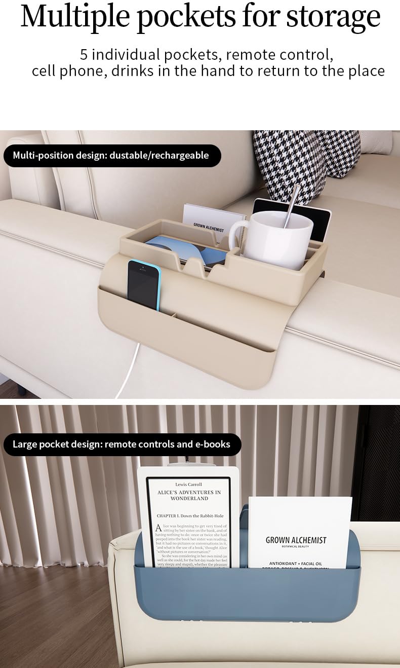 Bandeja de silicona para reposabrazos, soporte para bebidas con bolsillos laterales para sofá, sillón, sillón reclinable, control remoto y organizador de teléfono celular (azul)