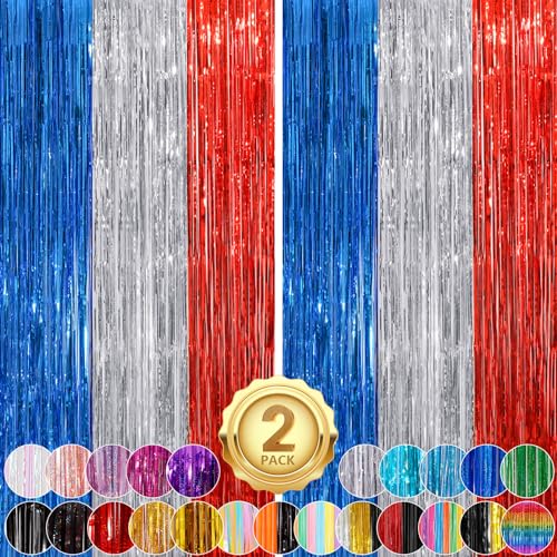 Image of 2Pack 3.3 x 8.3Ft Blue Red Silver Foil Fringe Streamers Curtain Metallic Foil Tinsel Fringe Door Streamers for Birthday Wedding Xmas Party Photo Iridescent Blue Streamers Party Decors Streamers