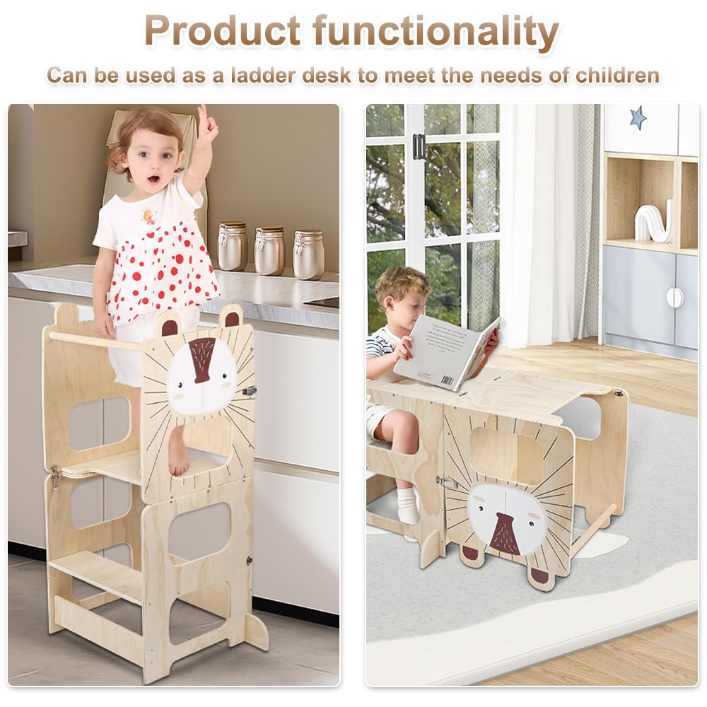 Lernturm 3 in 1, Lernturm für Kinder, Montessori Beobachtungsturm aus Holz, rutschfeste Oberfläche, Tisch und Stuhl für Kinder (Igel)