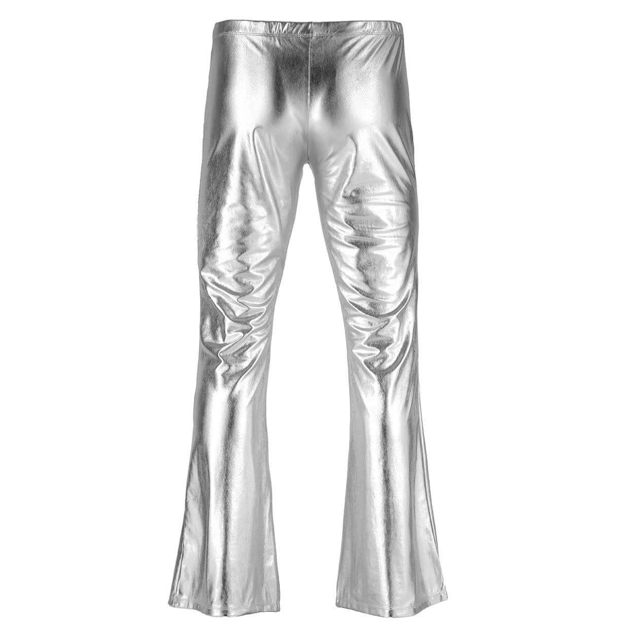Herren Metallic Hose High Waist Glänzende Leggings Holographic Schlaghose Tanzhose Weites Bein Jazzpants 70er 80er Jahre Nachtcub Party Outfit Silber XXL