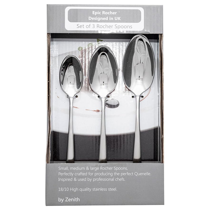 Rocher Chef Professional Catering Spoons Set of 3, Small, Medium and Large, 18/10 Rocher Spoons, Stainless Steel, Perfect for Producing a Rochelle and One Handed Quenelle Spoon Set