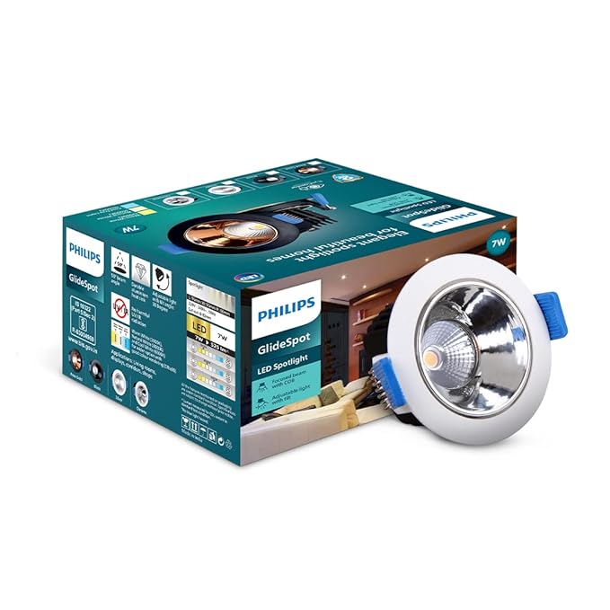 PHILIPS 7 Watt Chrome Reflector LED Ceiling COB Round Spot Light with Adjustable Tilt | Cut Out: 67mm | Cool Day Light, Pack of 1 (Glide Spot)