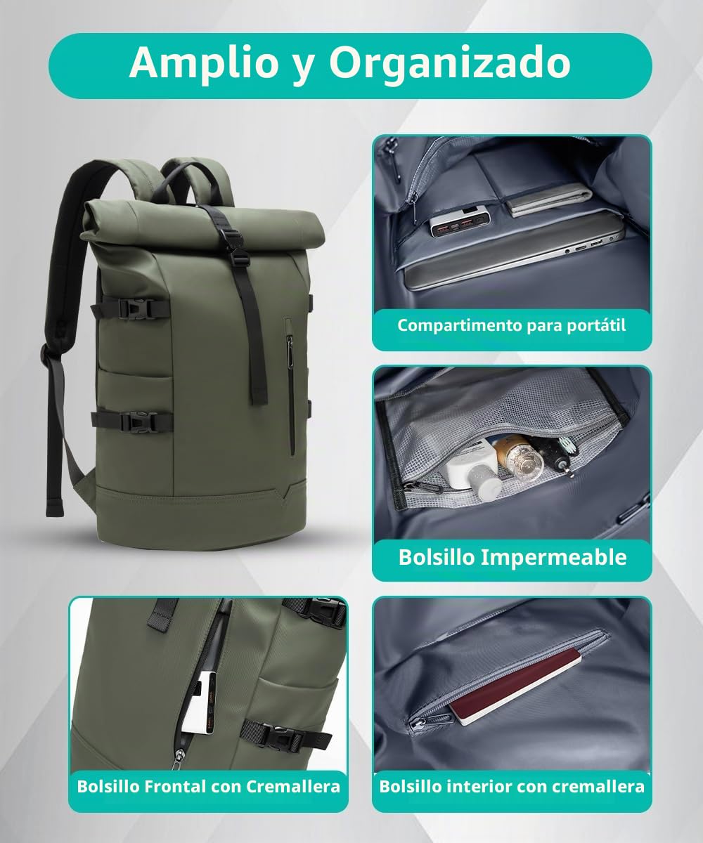 Mochila Enrollable Impermeable Mochila Ordenador Portatil 15 Pulgadas Antirrobo Mochila Hombre Casual para Viaje Ciclismo Escuela Deporte-Verde