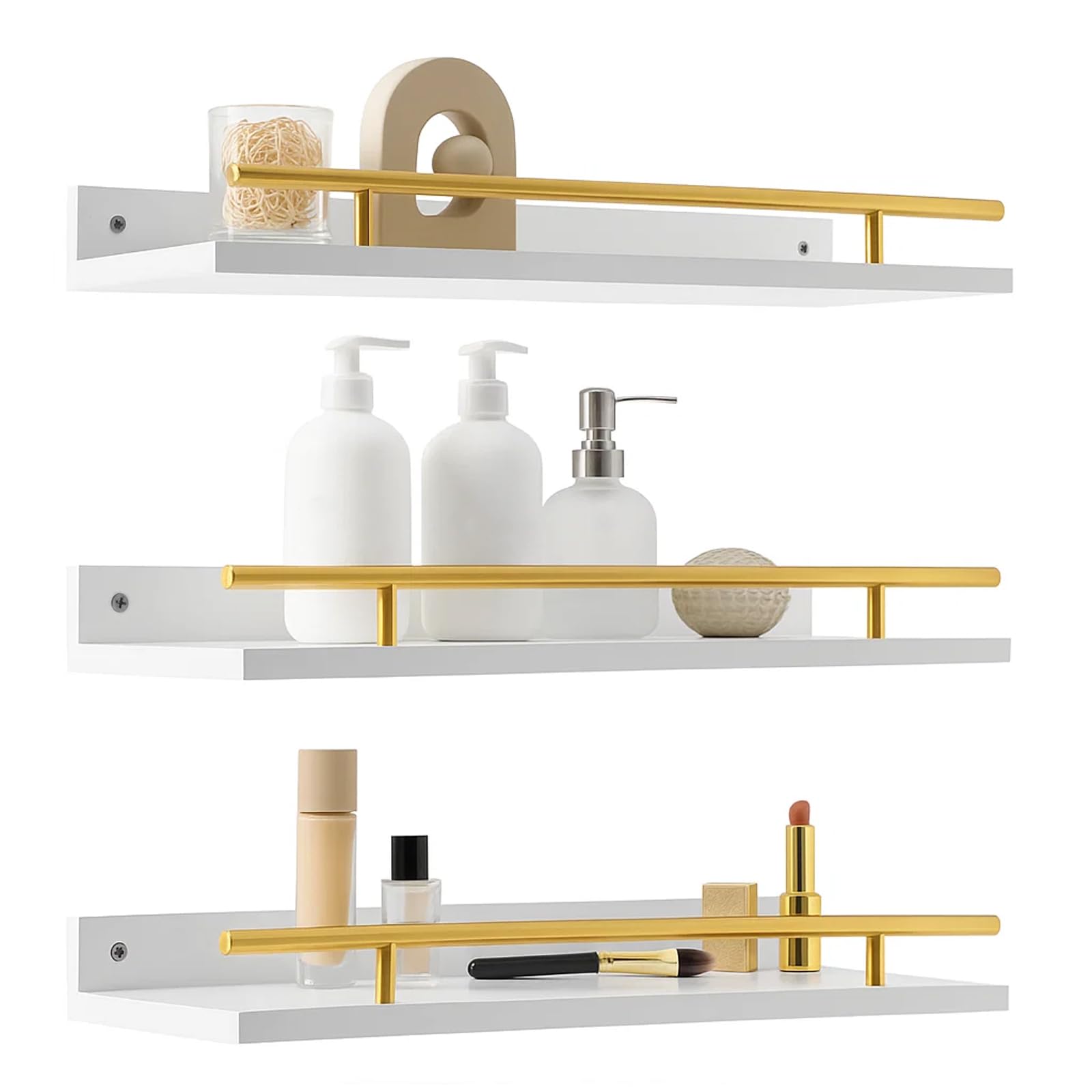 Minifactory Floating Shelves Wall Mounted Set of 3, Rustic Wood Wall Shelves with Metal Guardrail, Picture Ledge Display Shelves for Bathroom Living Room Kitchen Bedroom Home Office (White)