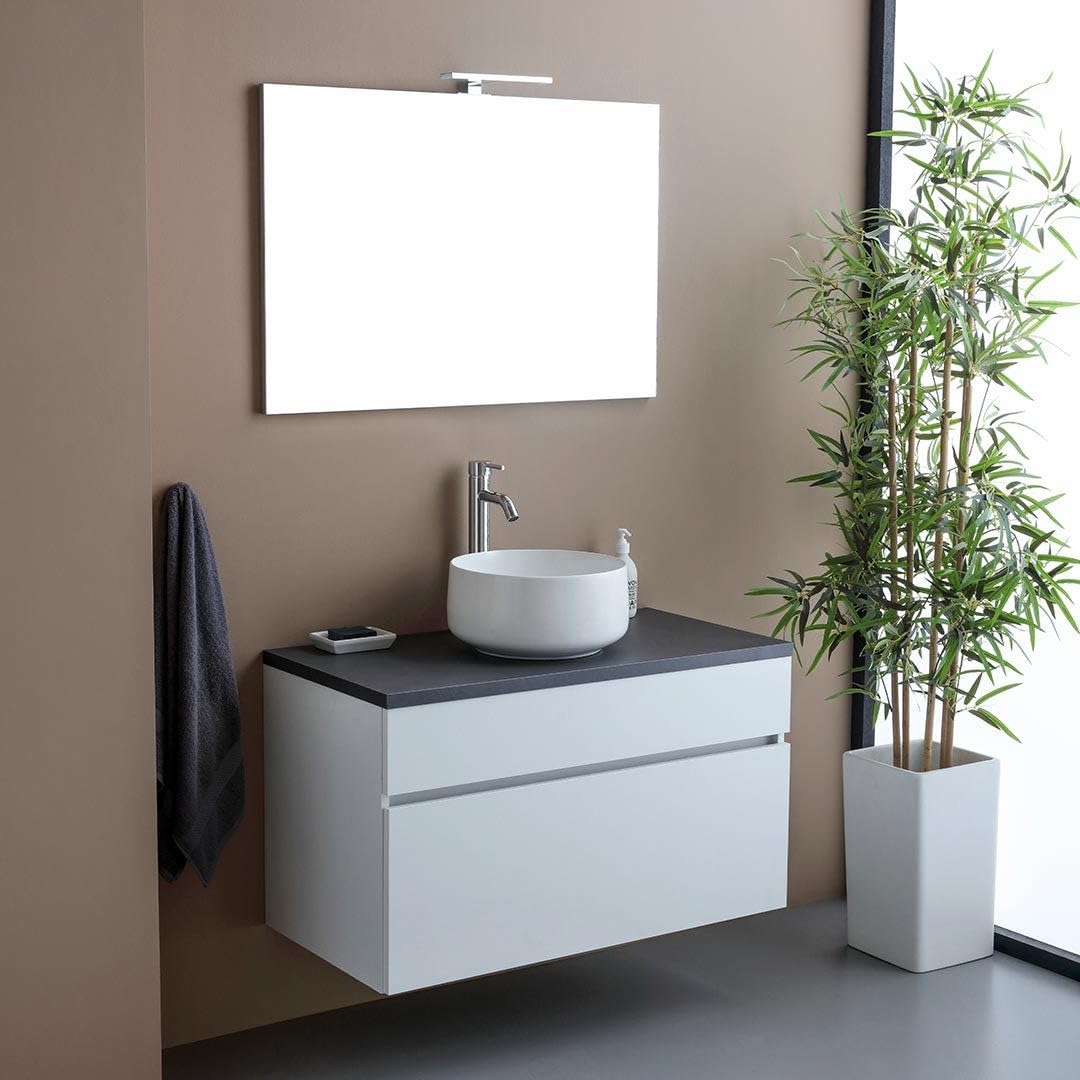 Kiamami Valentina - Mobile bagno sospeso 90cm per lavabo appoggio e specchio 90x60 | Sole