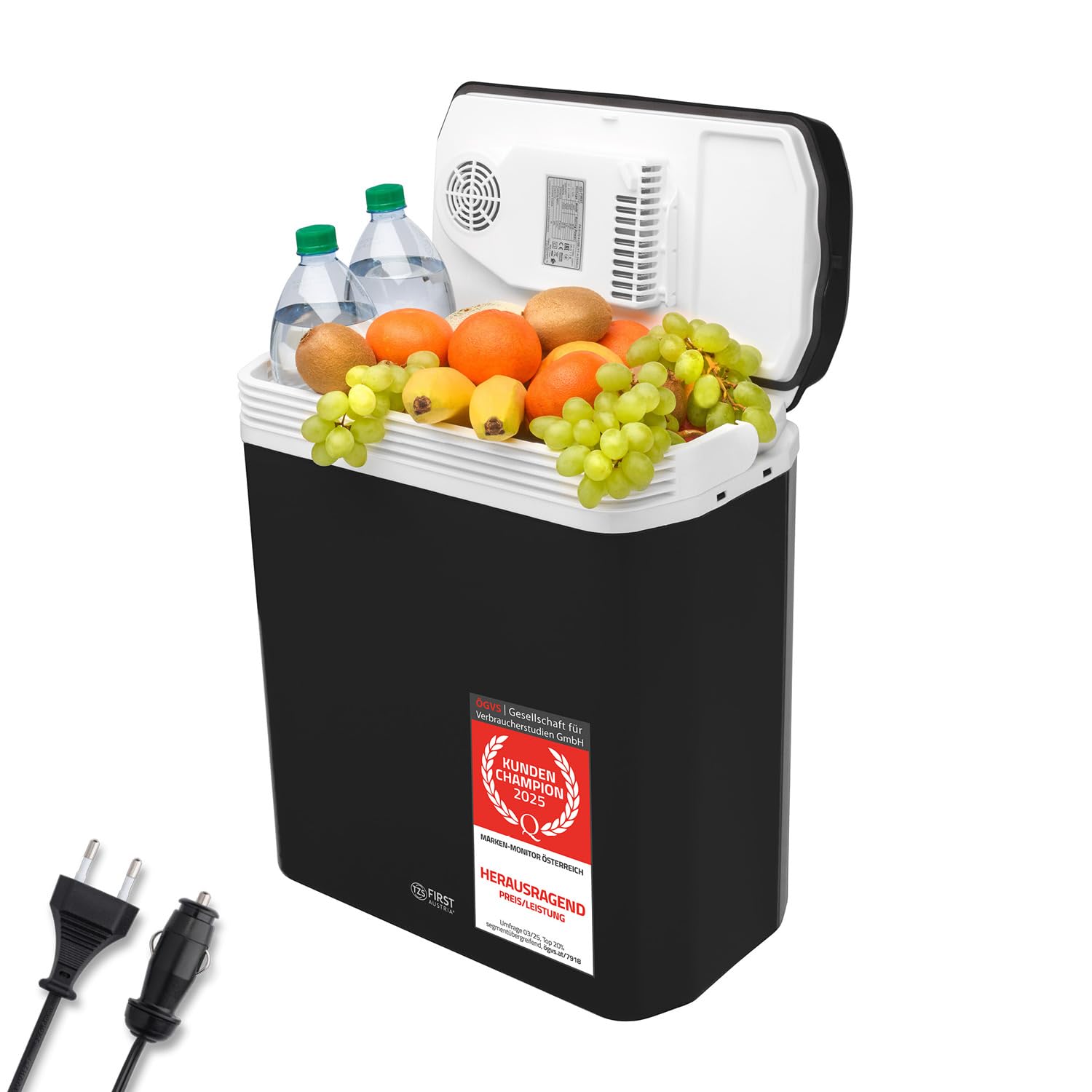 TZS First Austria - Kühlbox 24L elektrisch 12V 230V Anschluss für Auto & Steckdose - Thermoelektrische Cool Box kühlt & wärmt - Mini Kühlschrank mit Griff - Für Camping, Festivals, Reisen - Schwarz