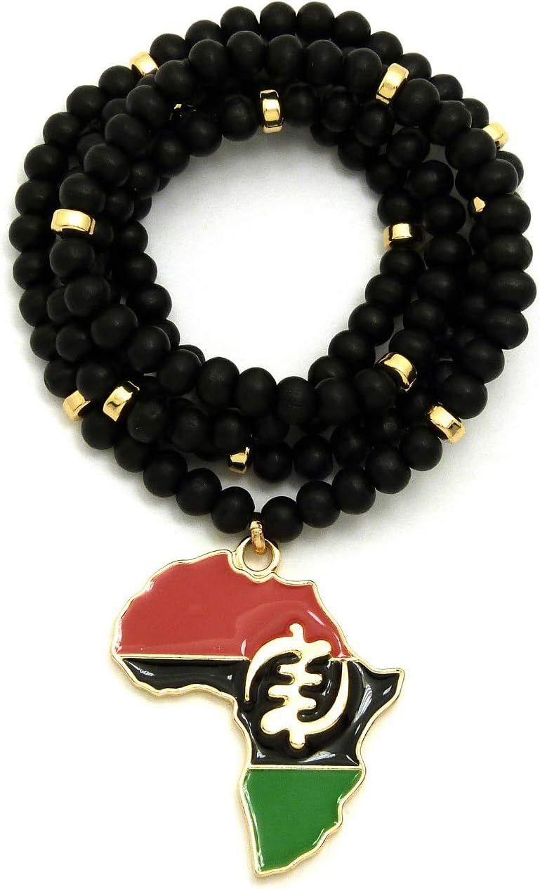 CBC Crown Slanted Pan African Colored Africa Map Continent Pendant on Wooden Bead Necklace