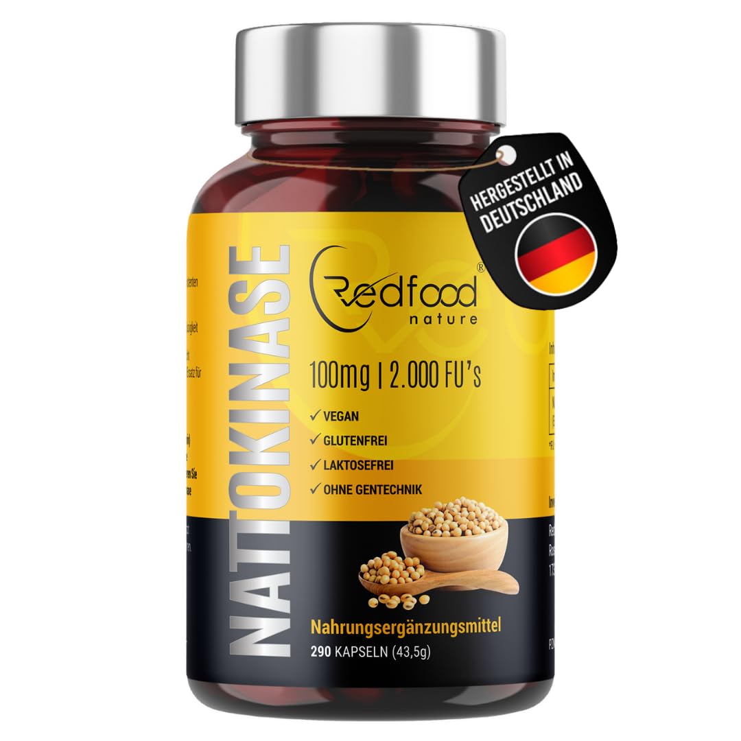 Redfood® Nattokinase Kapseln hochdosiert 290 Kapseln je 100 mg (20.000 FU/g) - 9 Monatsvorrat - Laborgeprüft und Vegan - Natto aus fermentierten Sojabohnenextrakt - Ohne unerwünschte Zusätze