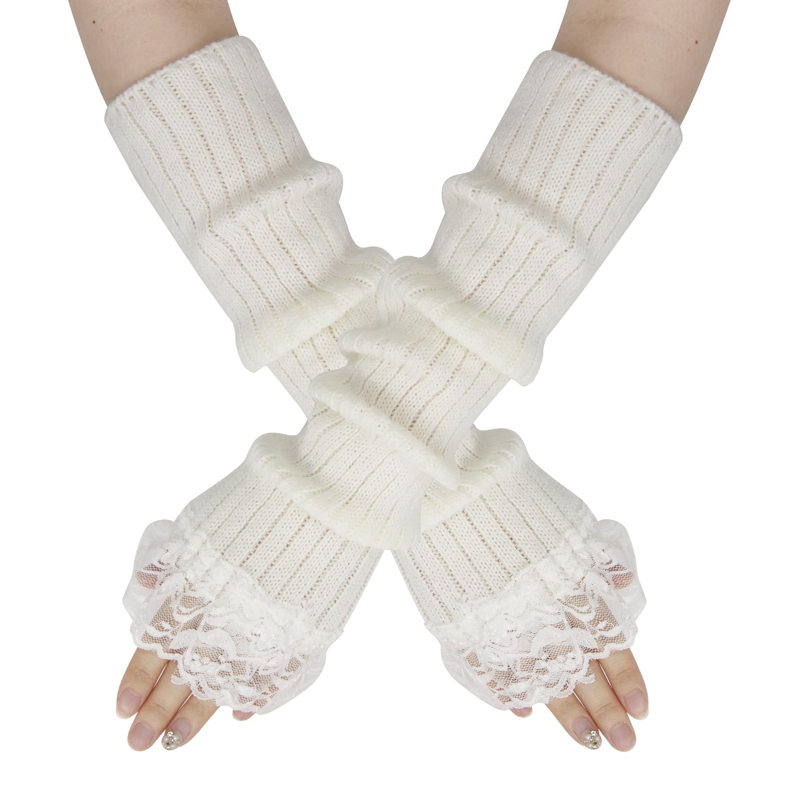 GNOLONG Fashion Y2K Fingerless Lace Knitted Gloves - Women Girls Wrist Hand Warmers Autumn Winter Outdoor Party Cosplay Gifts (Standard, White, One Size)