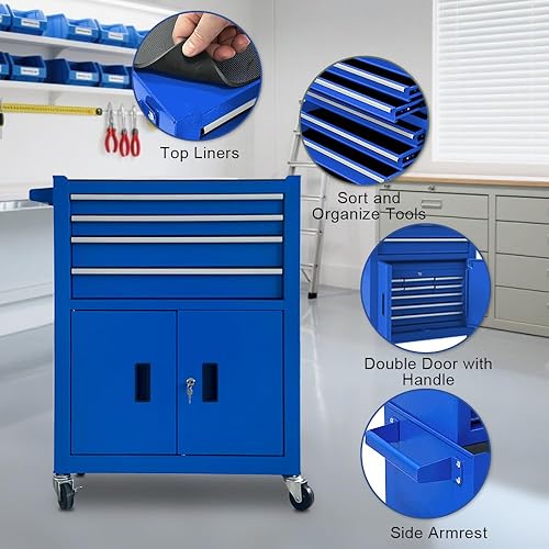 Miniatura 5 de Cofre de herramientas de 13 cajones con doble manija de puerta, 2 en 1, baúles de herramientas desmontables con ruedas y cajones, caja de