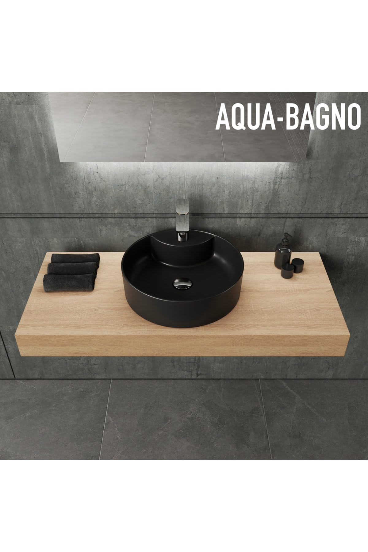 Aqua Bagno | Rundes Aufsatzwaschbecken mit Hahnloch schwarz matt, Keramikbecken, Handwaschbecken | 42 cm breit