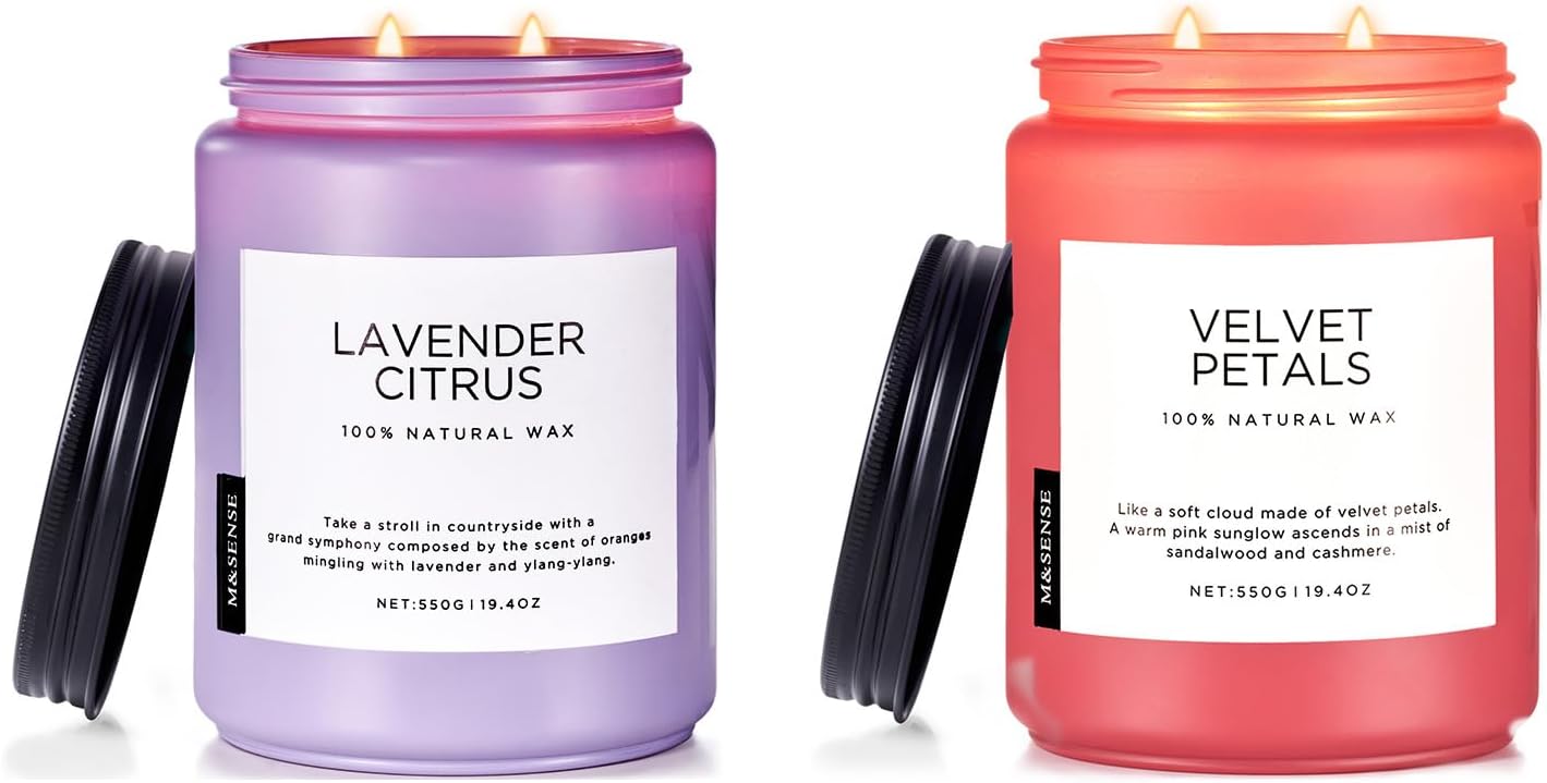 M&SENSE 19.4oz Lavender Citrus & 19.4oz Velvet Petals Scented Candle, Natural Soy Wax Non Toxic 2 Wicks 110 Hours Slow Burning Candle