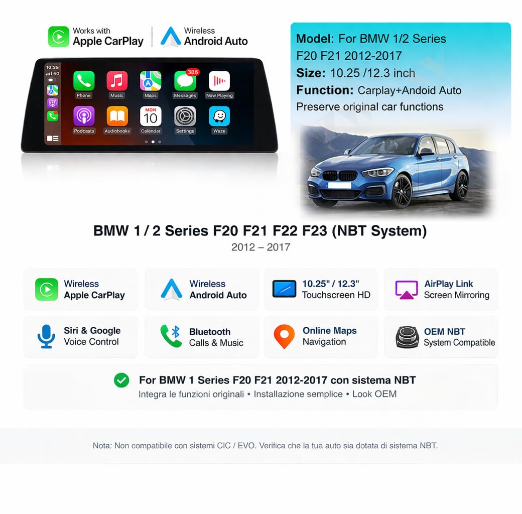VIBEX 10,25 pollici Autoradio Carplay Wireless & Android Auto Wireless per BMW 1 2 serie F20/F21/F22/F23 2012-2016 con sistema NBT, Touchscreen Stereo Ricevitore con AirPlay Link, Siri